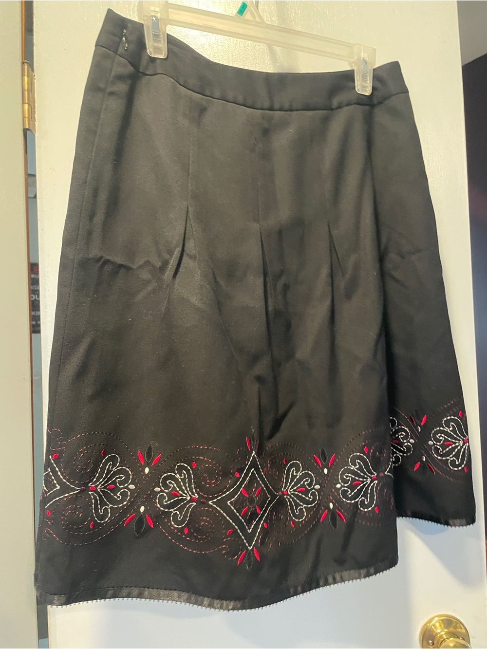 Loft Black A-Line Skirt  with Red & White Embroidered Hem size 6